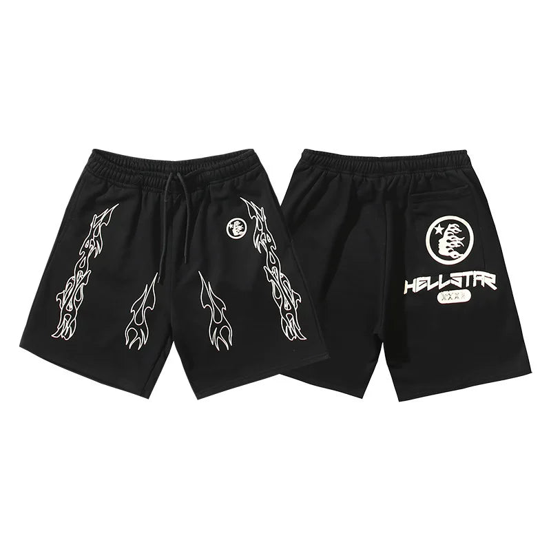 Hellstar Black Double‑Sided Flame Logo Print Streetwear Loose Shorts