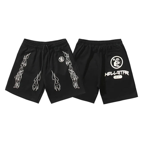 Hellstar Black Double‑Sided Flame Logo Print Streetwear Loose Shorts