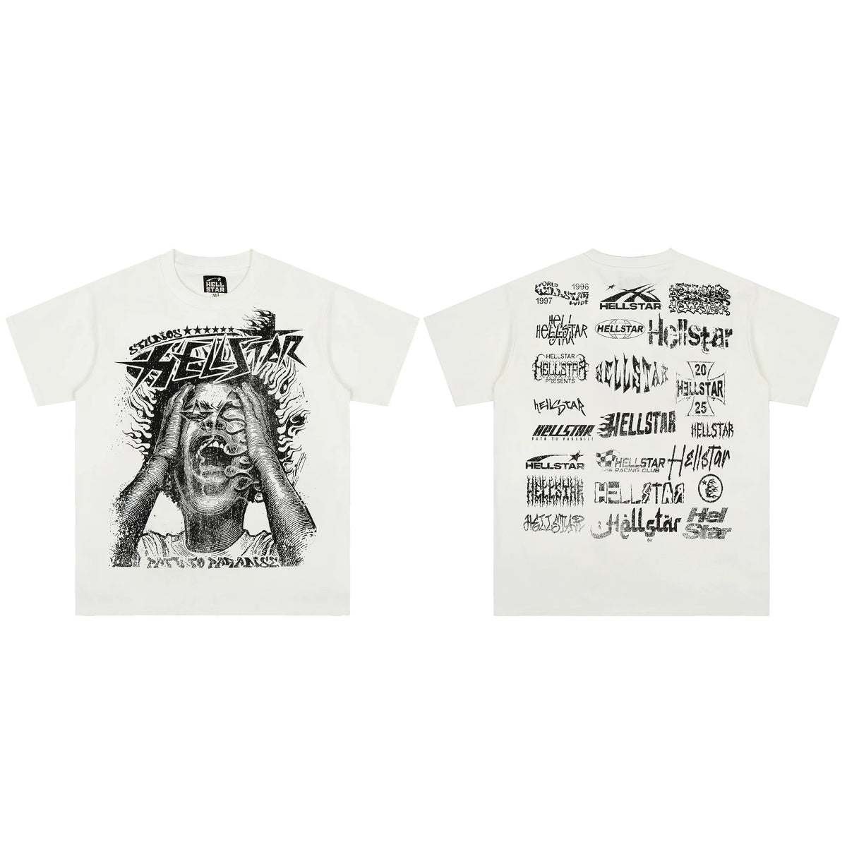 Hellstar Screaming Man T-Shirt White - Black Sketch Multi-Logo Collection Back Print Path To Paradise Heavy Metal Streetwear Tee