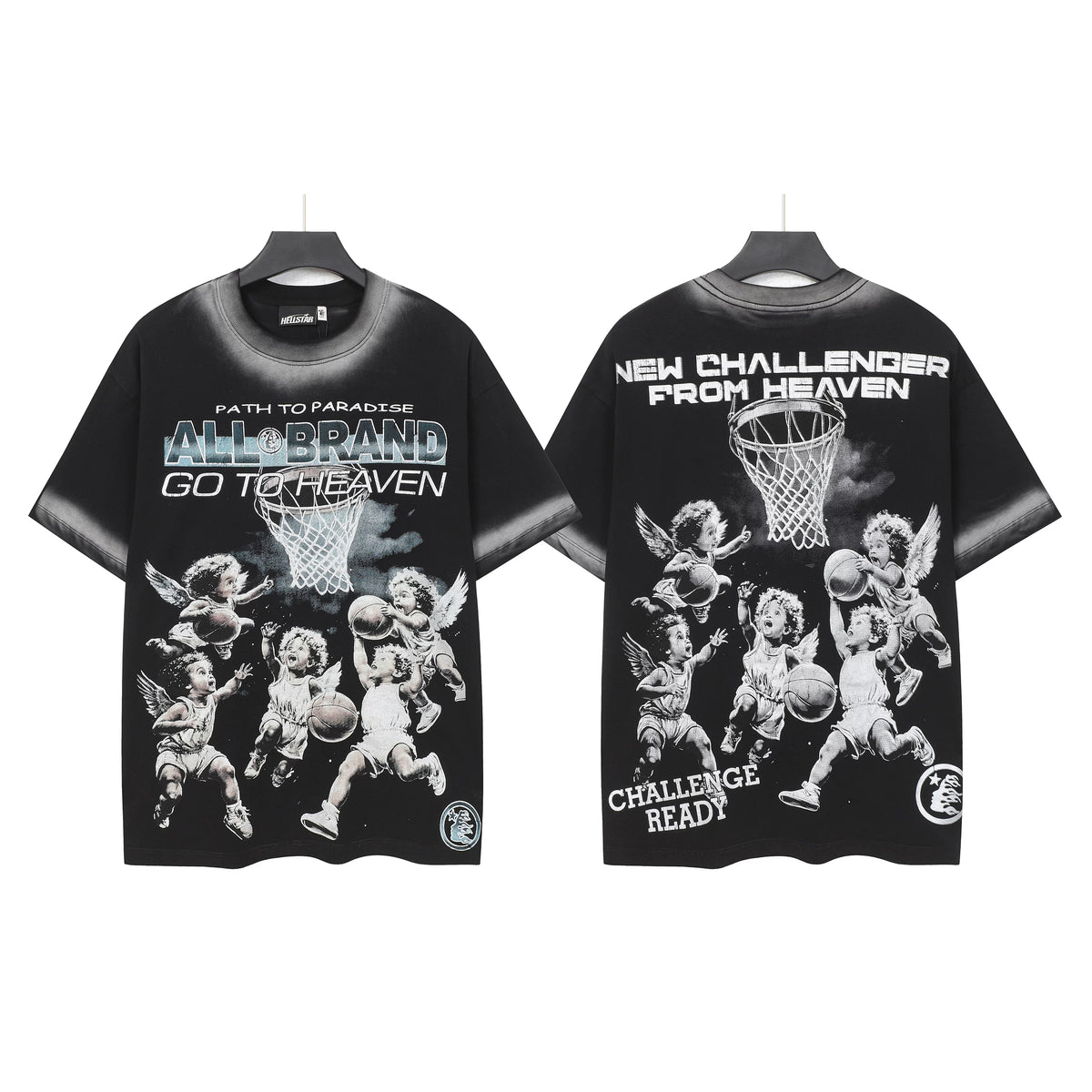 Hellstar Studios Angels Playing Basketball Vintage Black Gradient Washed Oversized T-Shirt Unisex Short Sleeve Tee