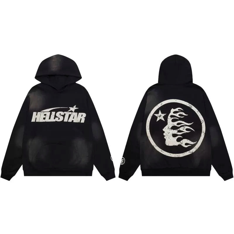 Hellstar Studios Black Cloud Wash Circular Flame Portrait Hoodie Unisex Sweatshirt