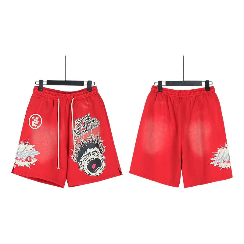 Hellstar Red Monster‑Print Streetwear Loose Casual Shorts