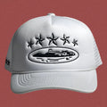 Corteiz Vintage White Trucker Hat with Black Stars and Cruise Ship Graphic