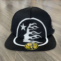 Hellstar Black Mesh White 3D Embroidery Flat Brim Trucker Cap