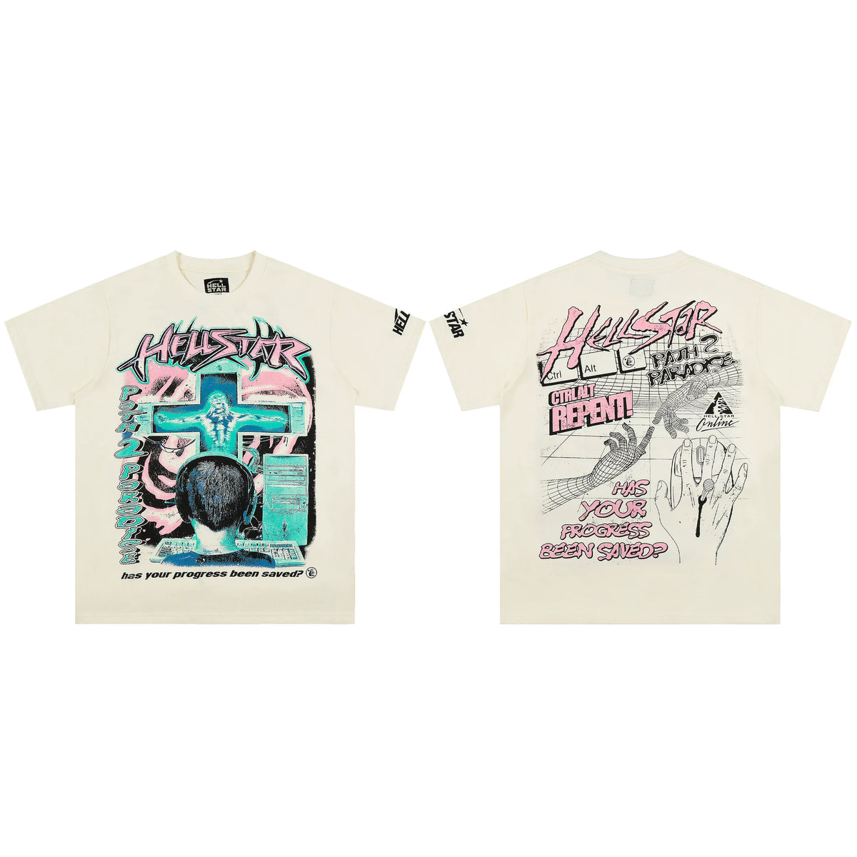 Hellstar Path 2 Paradise T-Shirt Cream - Cyber Computer Cross Graphic Has Your Progress Been Saved Y2K Streetwear Tee