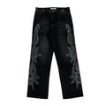 Vale Forever Rhinestone Floral Pattern Oversized Black Denim Jeans