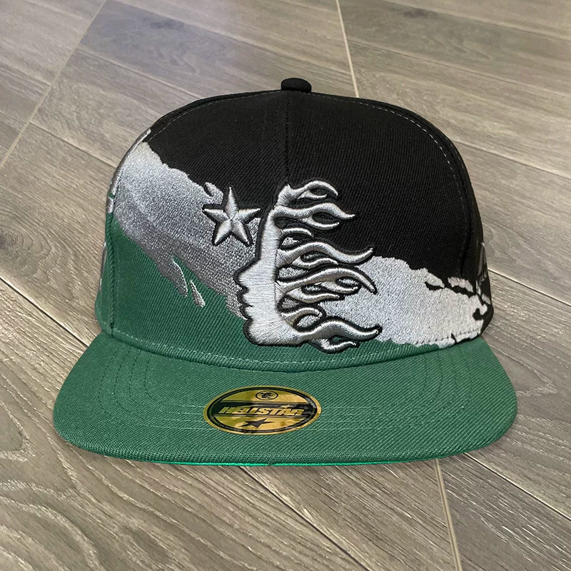 Hellstar Black‑Green‑Silver Contrast 3D Embroidery Flat Brim Snapback Cap