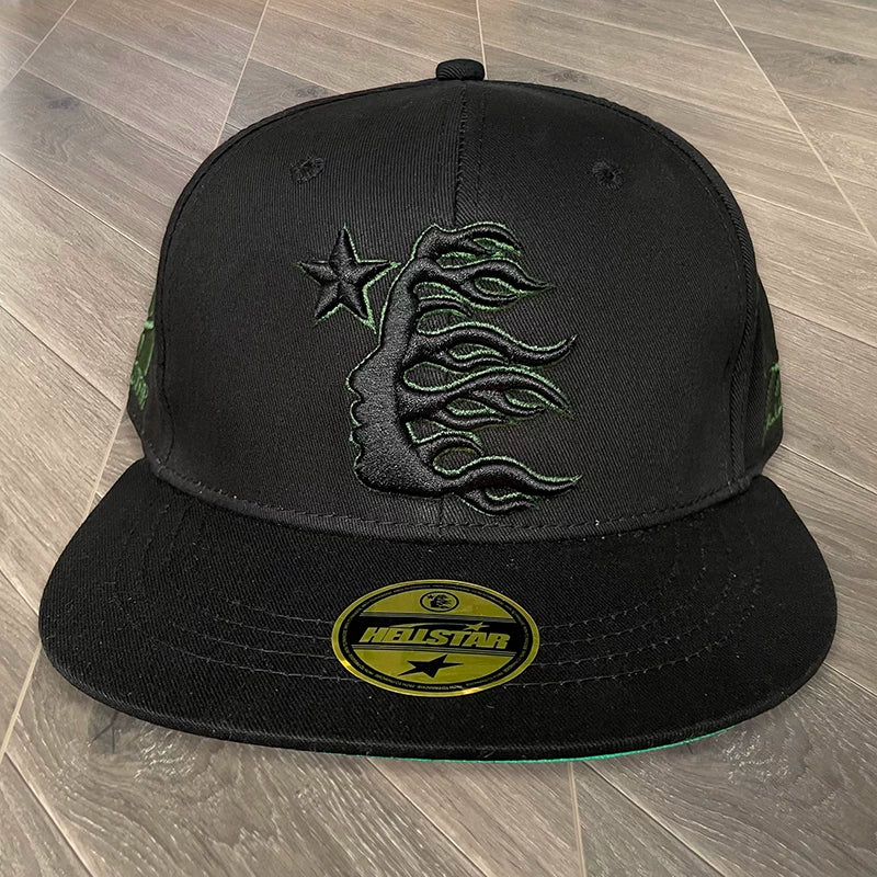 Hellstar Black Green Outline 3D Embroidery Flat Brim Snapback Cap