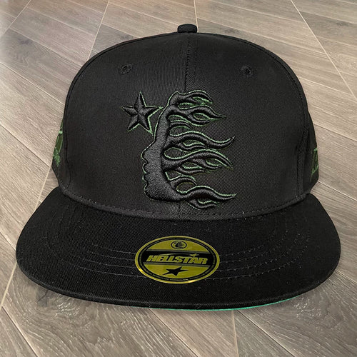 Hellstar Black Green Outline 3D Embroidery Flat Brim Snapback Cap