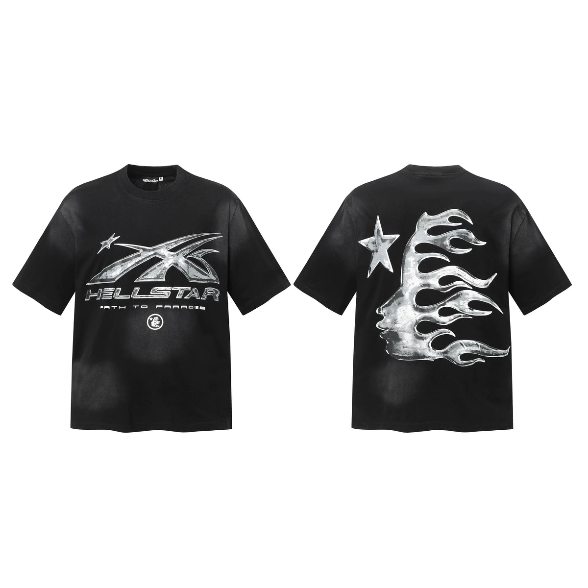 Hellstar Studios Silver Metallic Flame Portrait Vintage Washed Oversized T-Shirt Unisex Black Short Sleeve Tee