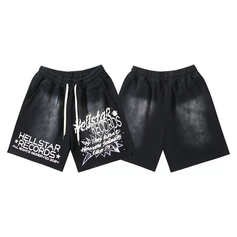 Hellstar Black Records Letter Print Streetwear Loose Shorts