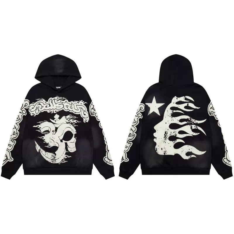 Hellstar Studios Black Cloud Wash Vintage Om Symbol Flame Portrait Unisex Hoodie Sweatshirt