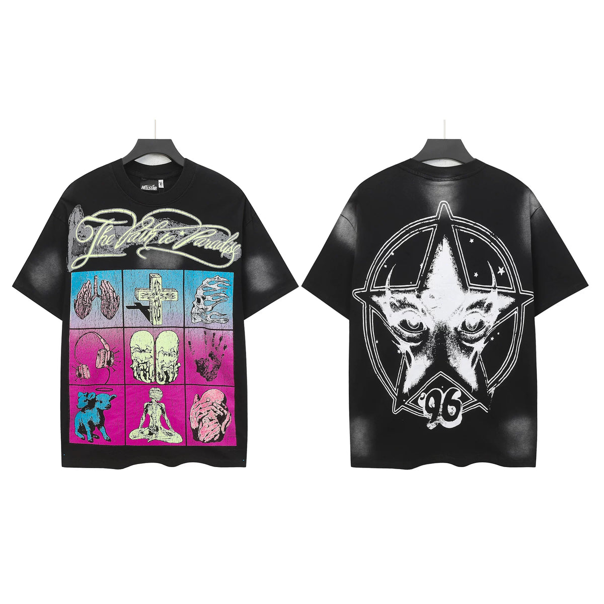 Hellstar Studios The Path to Paradise Grid Print Pentagram Vintage Washed Oversized T-Shirt Unisex Black Short Sleeve Tee