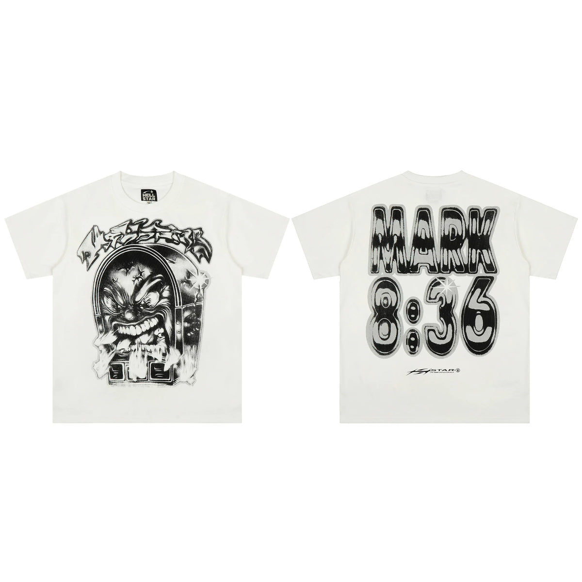Hellstar x MARK 8:36 T-Shirt White - Demon Face Tombstone Graphic Bubble Letter The Time Collection Streetwear Tee