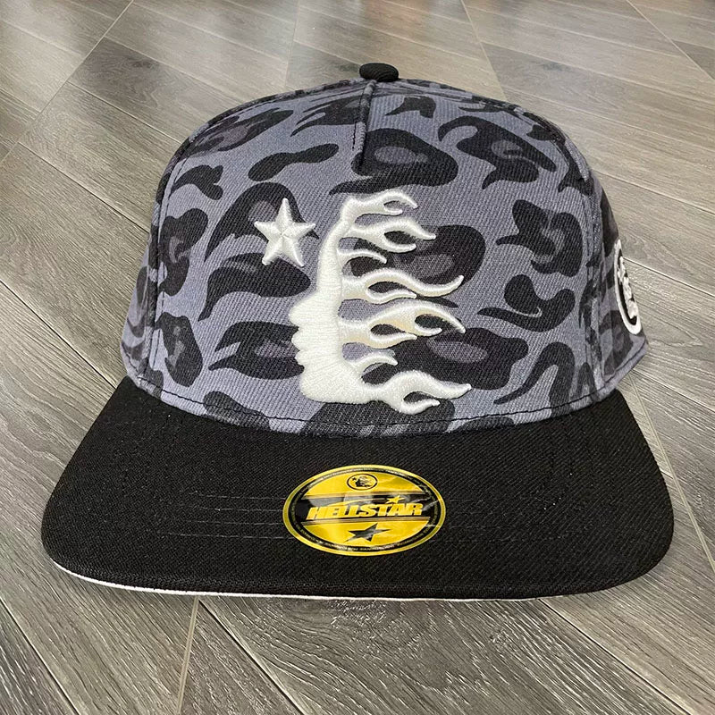 Hellstar Grey Leopard Print White 3D Embroidery Flat Brim Snapback Cap