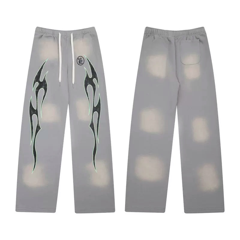 Hellstar Vintage Faded Grey Green‑Trimmed Flame Graphic Wide‑Leg Sweatpants