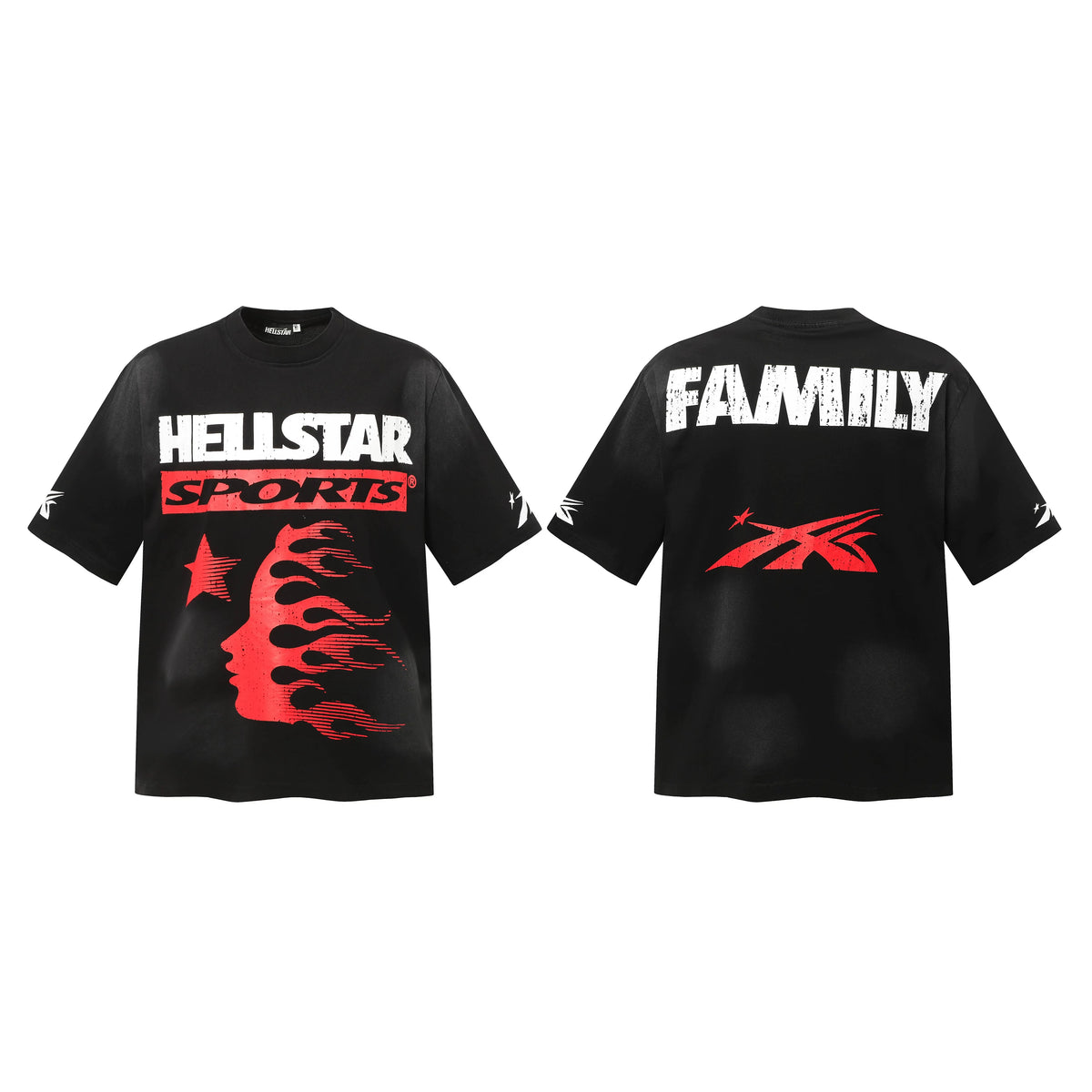 Hellstar Studios Sports Family Red Flame Portrait Vintage Washed Oversized T-Shirt Unisex Black Short Sleeve Tee