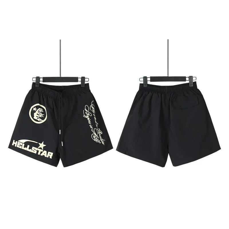 Hellstar Black Cream Logo Script Print Streetwear Loose Shorts