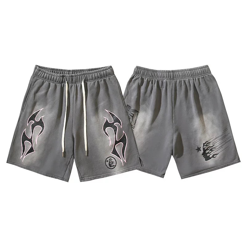 Men’s Hellstar Double‑Sided Tribal Flame & Meteor Print Elastic Drawstring Loose Street Casual Shorts