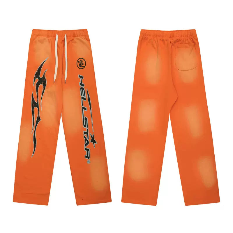 Vintage Faded Orange Hellstar Graphic Wide‑Leg Sweatpants Drawstring