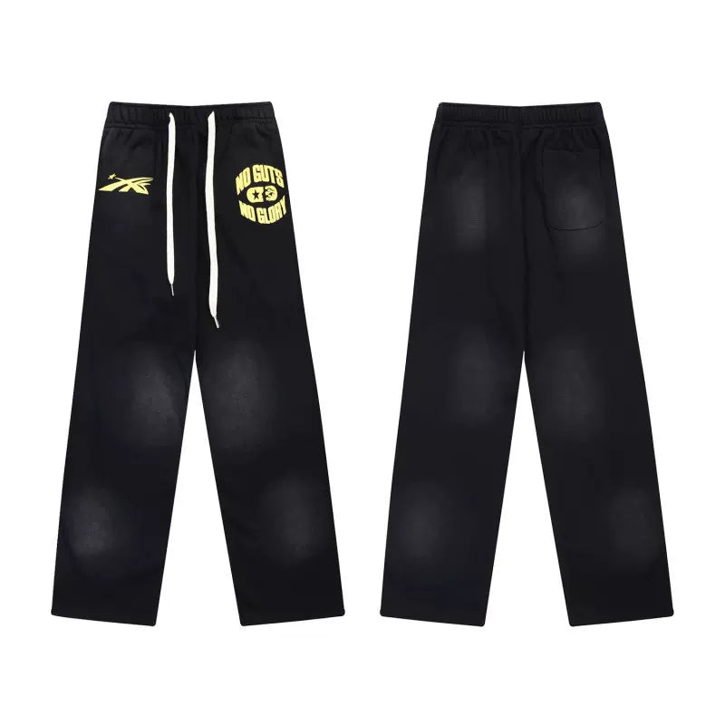 Hellstar Black Washed Faded Yellow Slogan Graphic Wide‑Leg Sweatpants