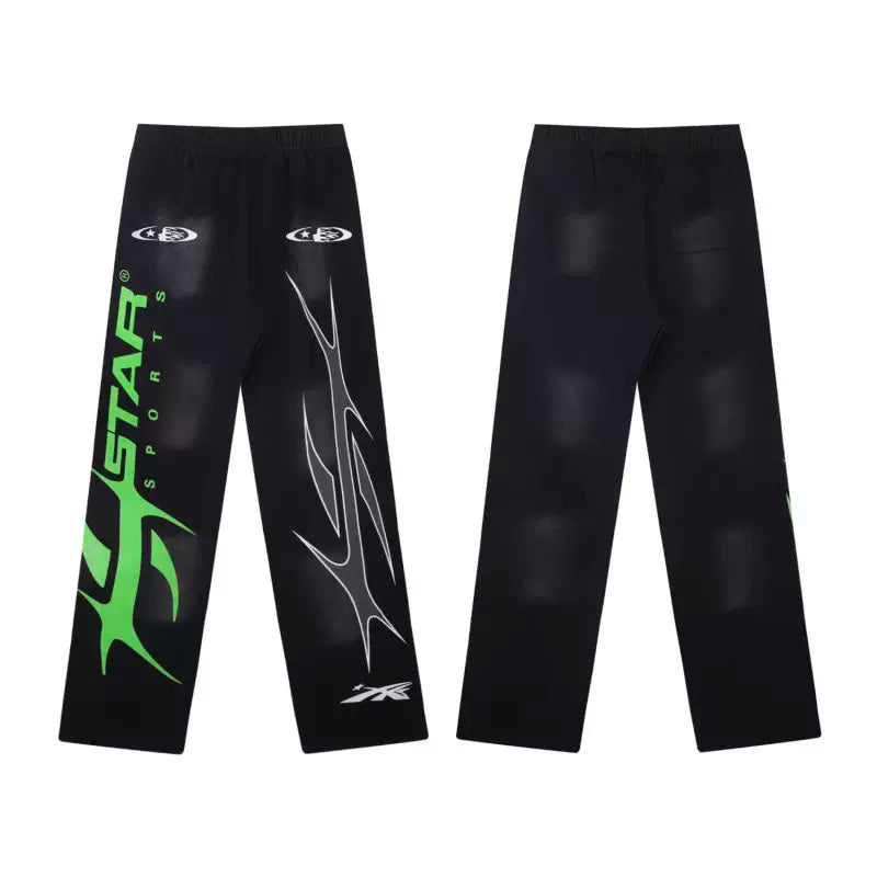 Hellstar Vintage Faded Black Green‑Letter Graphic Wide‑Leg Sweatpants
