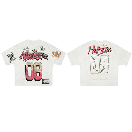 Hellstar 08 Jersey White Mesh Football Shirt - Graffiti Logo Gradient Number Streetwear Oversized Hip Hop Tee