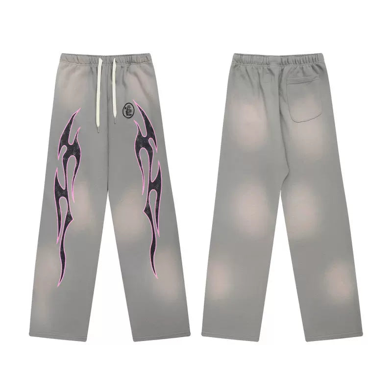 Vintage Faded Grey Flame Graphic Wide‑Leg Sweatpants