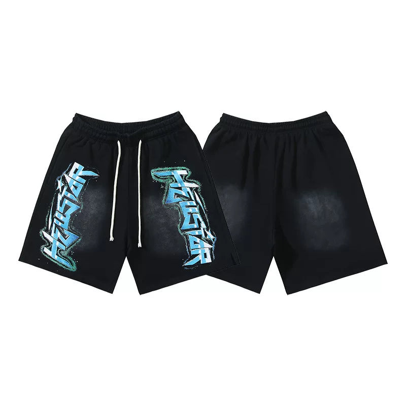 Hellstar Black 3D Blue Letter Print Streetwear Loose Shorts