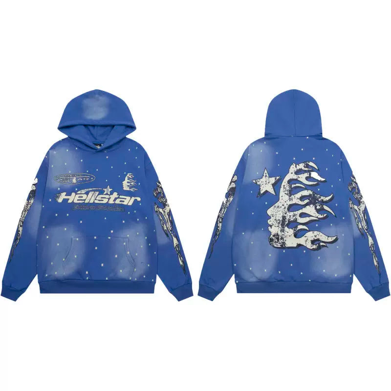 Hellstar Studios Blue Cloud Wash Starry Vintage Flame Portrait Unisex Hoodie Sweatshirt