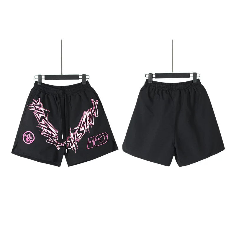 Hellstar Black Pink Graffiti Logo Print Streetwear Loose Shorts