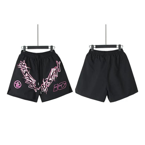 Hellstar Black Pink Graffiti Logo Print Streetwear Loose Shorts