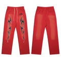 Hellstar Vintage Faded Red Black‑Flame Graphic Wide‑Leg Sweatpants