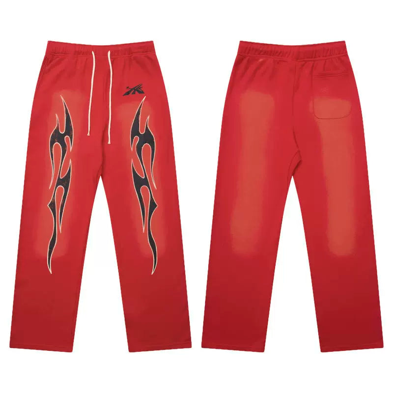 Hellstar Vintage Faded Red Black‑Flame Graphic Wide‑Leg Sweatpants