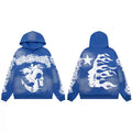 Hellstar Studios Blue Cloud Wash Vintage Graffiti Flame Portrait Unisex Hoodie Sweatshirt