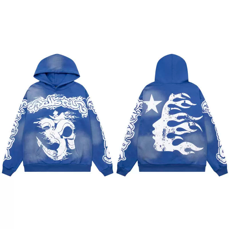 Hellstar Studios Blue Cloud Wash Vintage Graffiti Flame Portrait Unisex Hoodie Sweatshirt