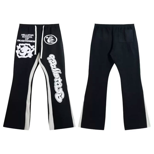 Hellstar Black Spliced Stripe Letter Graphic Flare Sweatpants