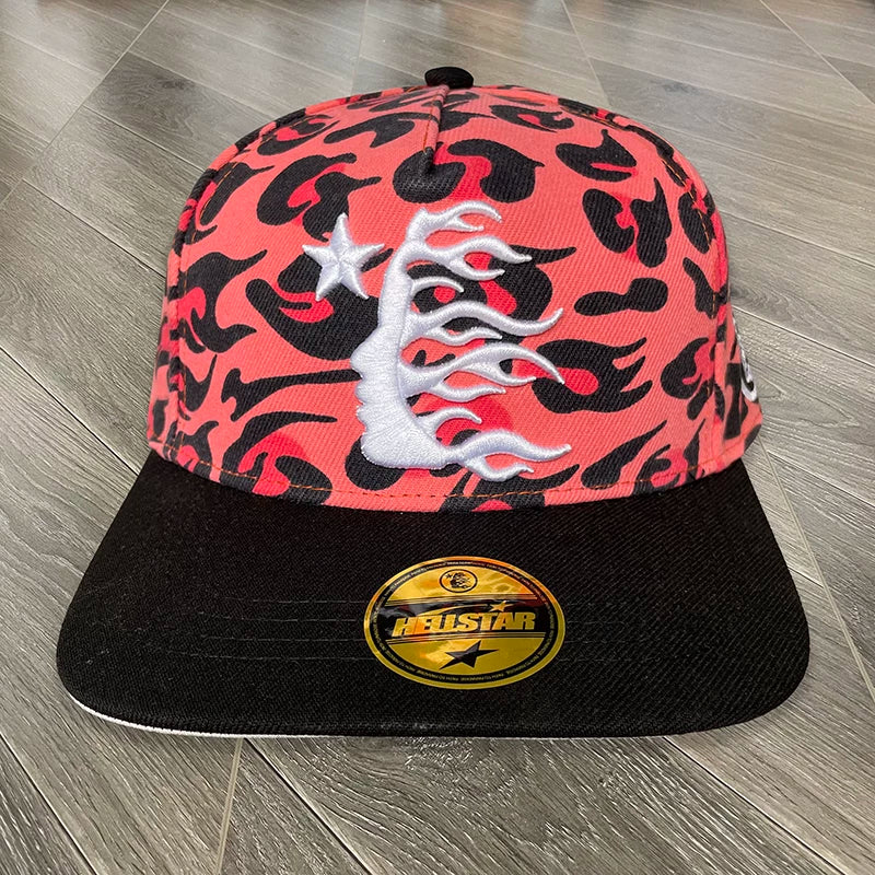 Hellstar Red‑Pink Leopard Print White 3D Embroidery Flat Brim Snapback Cap