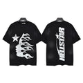 Hellstar Studios Vertical Logo Vintage Washed Flame Portrait Oversized T-Shirt Unisex Black Short Sleeve Tee