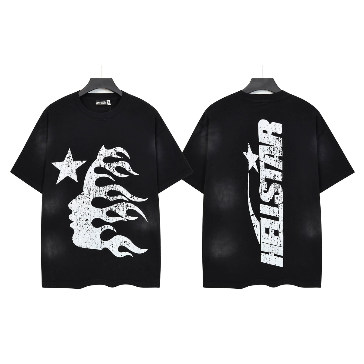Hellstar Studios Vertical Logo Vintage Washed Flame Portrait Oversized T-Shirt Unisex Black Short Sleeve Tee