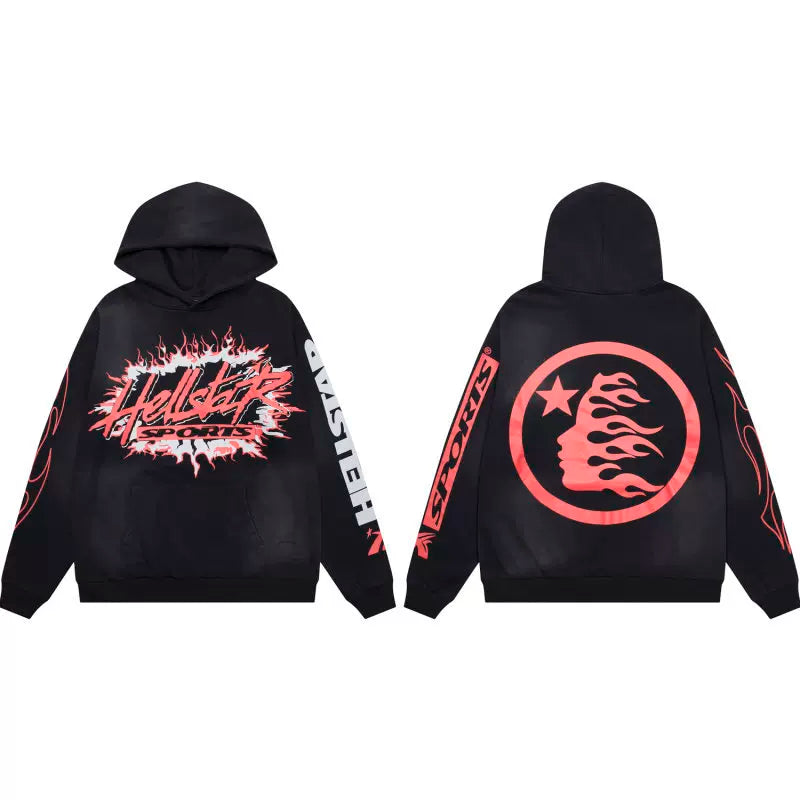 Hellstar Studios Black Cloud Wash Pink Flame Sports Logo Unisex Hoodie Sweatshirt