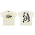 Hellstar STAR Cross T-Shirt Cream - Yellow Splash Graphic Path To Paradise Flame Letter Back Streetwear Tee
