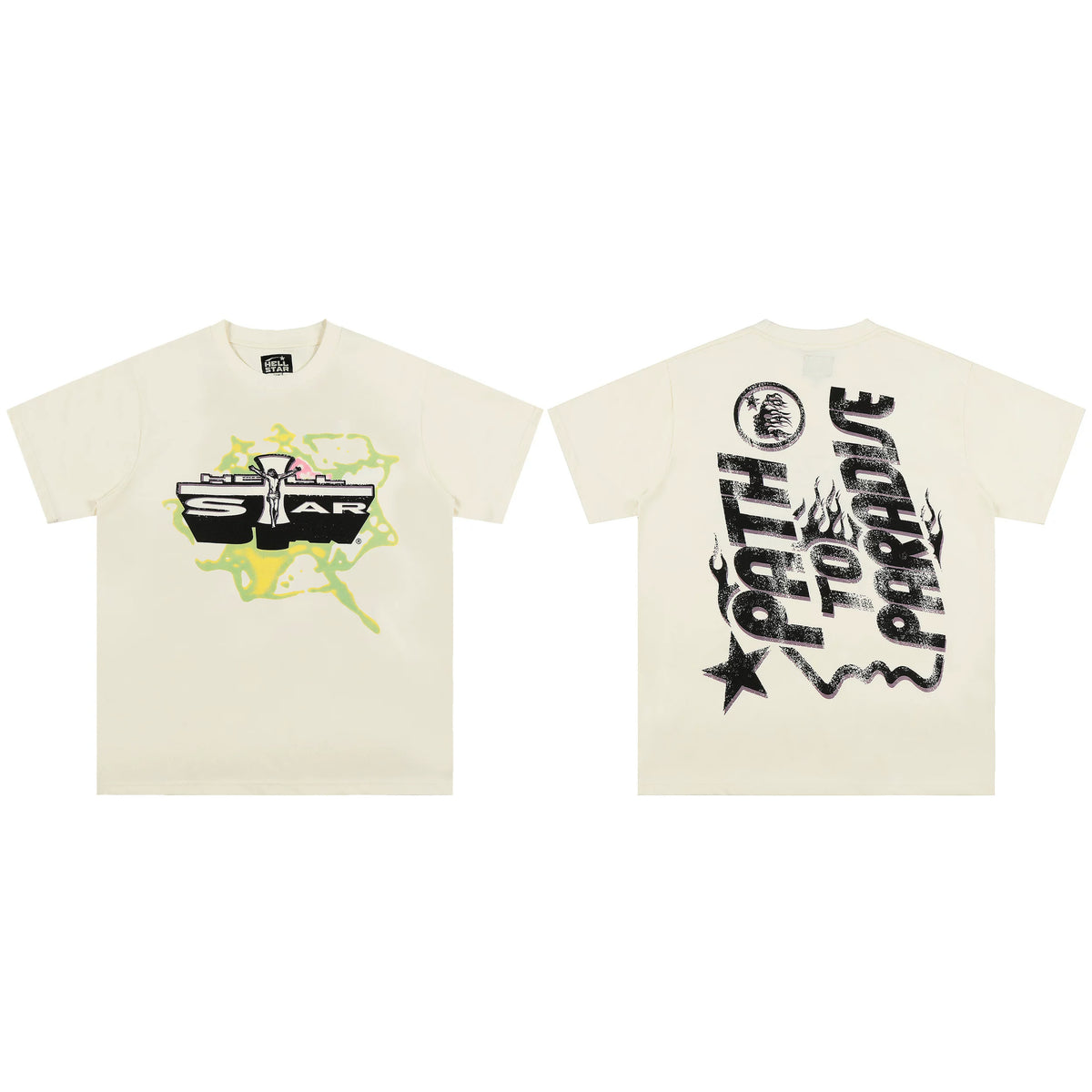 Hellstar STAR Cross T-Shirt Cream - Yellow Splash Graphic Path To Paradise Flame Letter Back Streetwear Tee