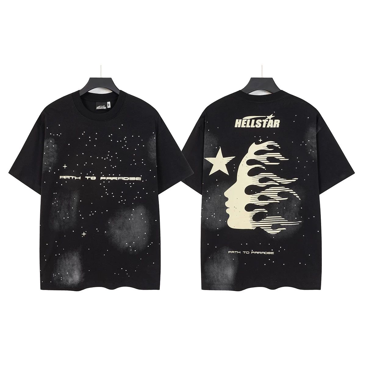 Hellstar Studios Starry Sky Flame Face Vintage Washed Oversized T-Shirt Unisex Black Short Sleeve Tee