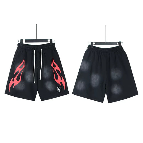 Hellstar Black Red‑Flame Logo Streetwear Loose Casual Shorts