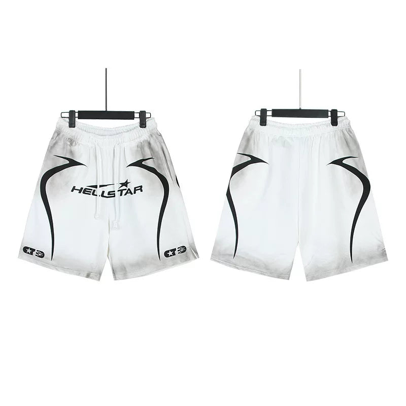 Hellstar White Gradient Curved Logo Streetwear Loose Casual Shorts