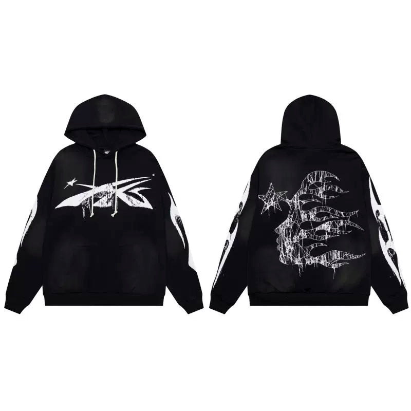 Hellstar Studios Black Cloud Wash Line Cracked Flame Portrait Unisex Hoodie Sweatshirt