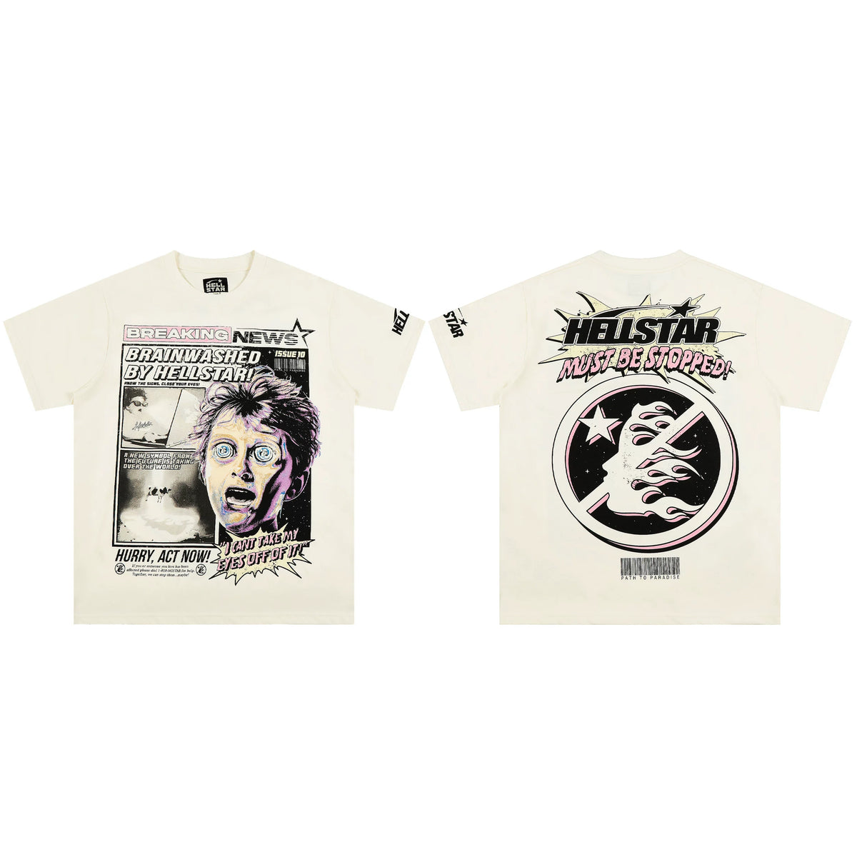 Hellstar Breaking News Brainwashed T-Shirt Cream - Vintage Comic Newspaper Print Must Be Stopped Graphic Streetwear Tee