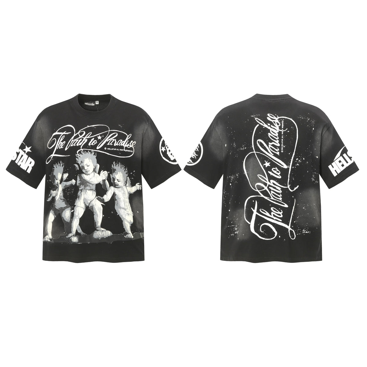 Hellstar Studios The Path to Paradise Angels Vintage Washed Oversized T-Shirt Unisex Black Short Sleeve Tee