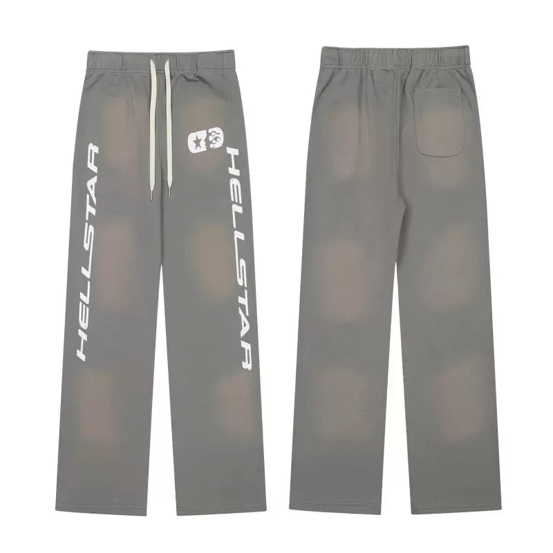 Hellstar Vintage Faded Grey Vertical Letter Print Wide‑Leg Sweatpants